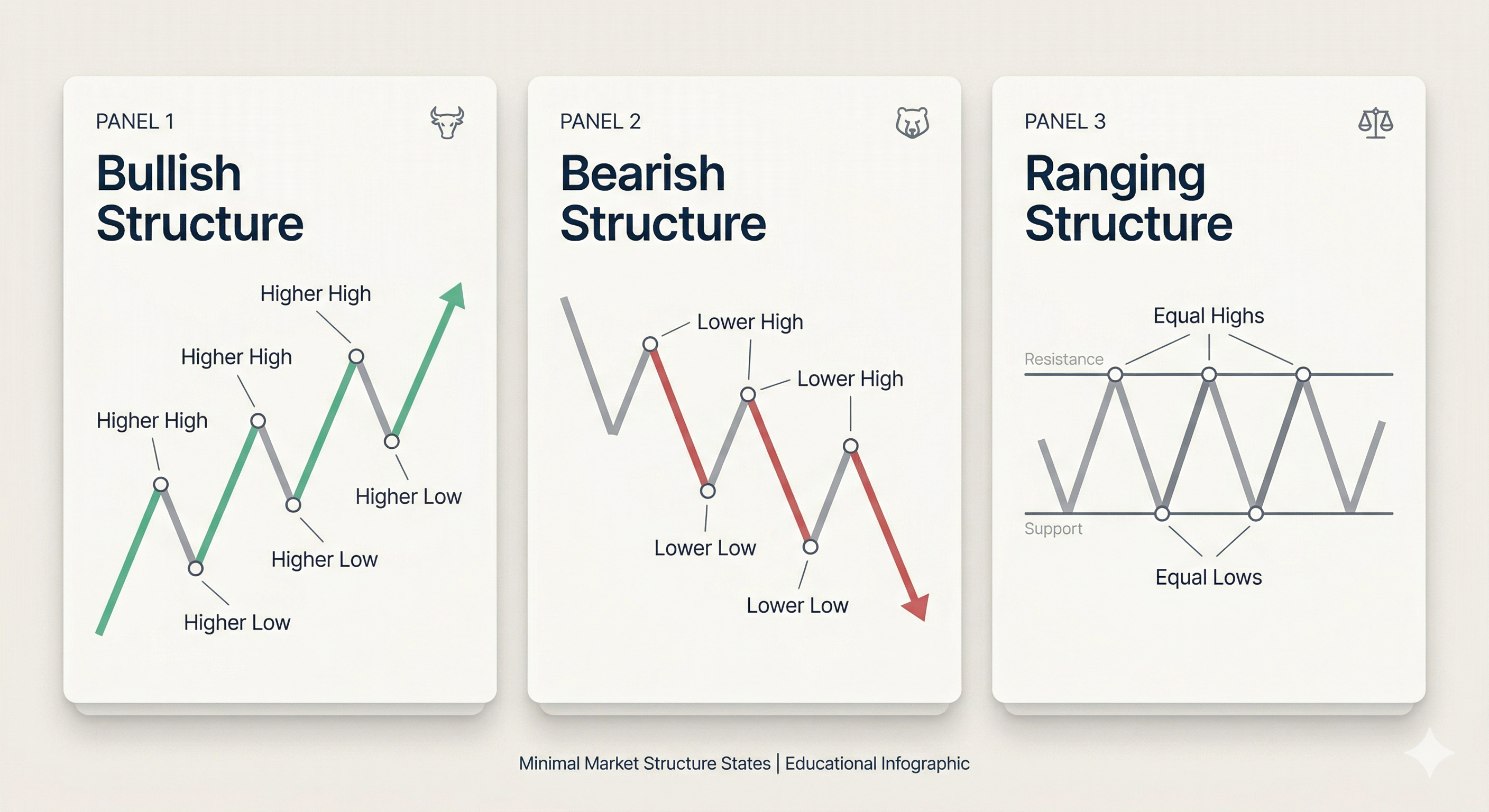 Diagram of bullish, bearish, and ranging market structure